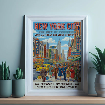 Vintage travel poster for New York City featuring a busy street scene and train travel.