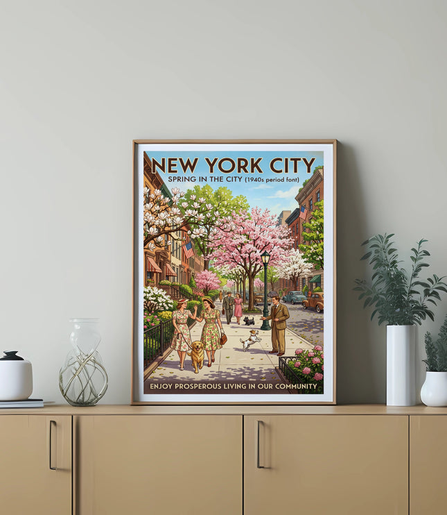 New York City spring scene with people and dogs, featuring text "Enjoy Prosperous Living in Our Community".