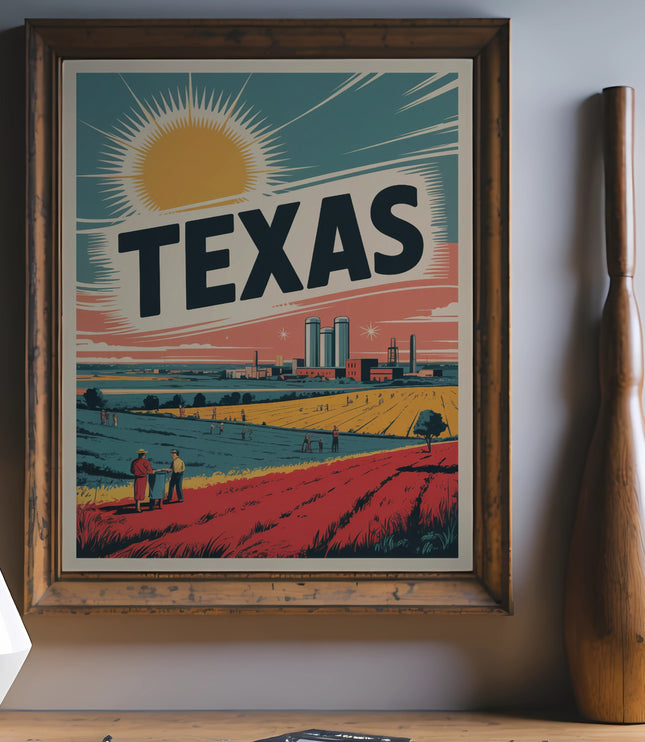 Framed Texas-themed artwork showing a stylized sun, silos, and workers in fields.