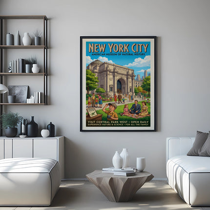 Poster for American Museum of Natural History with Central Park West and dinosaur text.