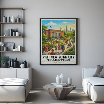 Visit New York City poster for The Queens Museum, showing people and buildings.