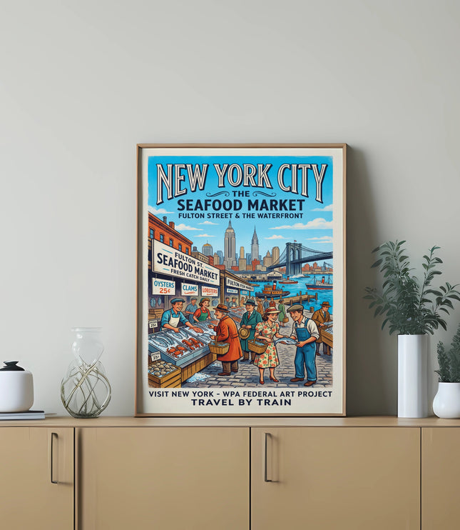 New York City Seafood Market travel poster featuring Fulton Street, waterfront, and WPA art.