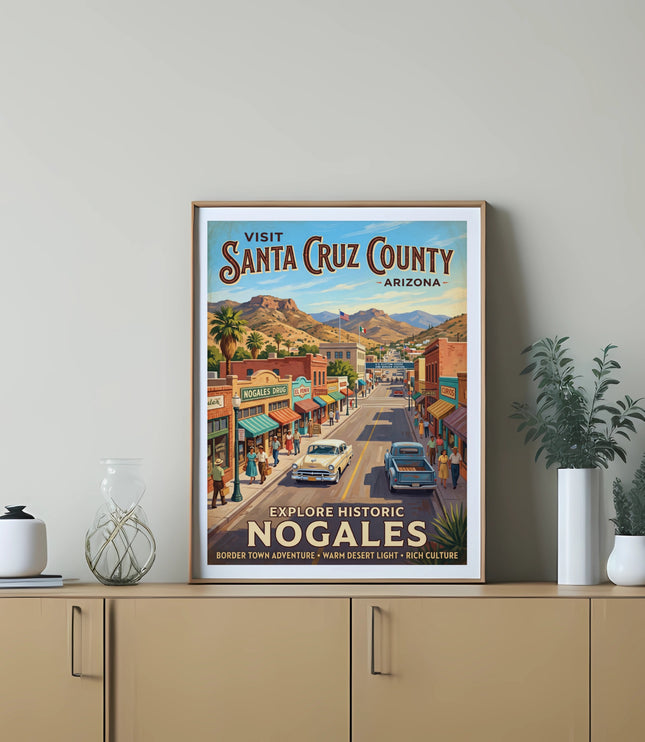 Vintage poster: Visit Santa Cruz County Arizona, explore Historic Nogales.