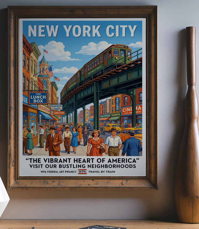 "New York City" vintage travel poster showing elevated train and city street scene.
