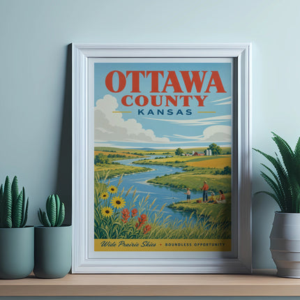 Ottawa County Kansas poster with river, fields, and text.