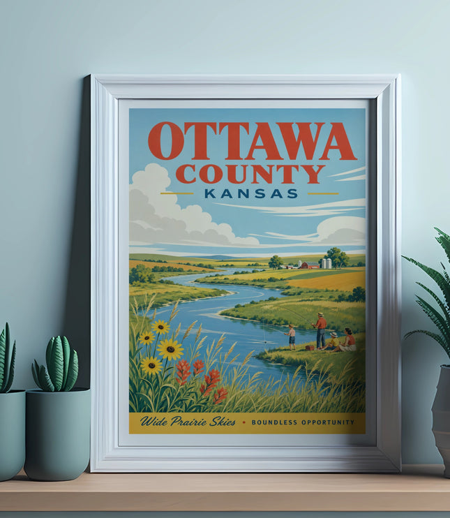 Ottawa County Kansas poster with river, fields, and text.