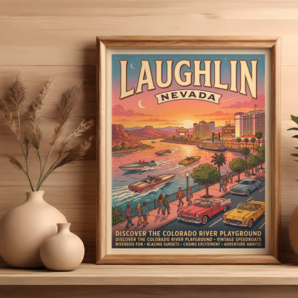 Laughlin, Nevada vintage poster showing riverboats, cars, and buildings on the Colorado River.