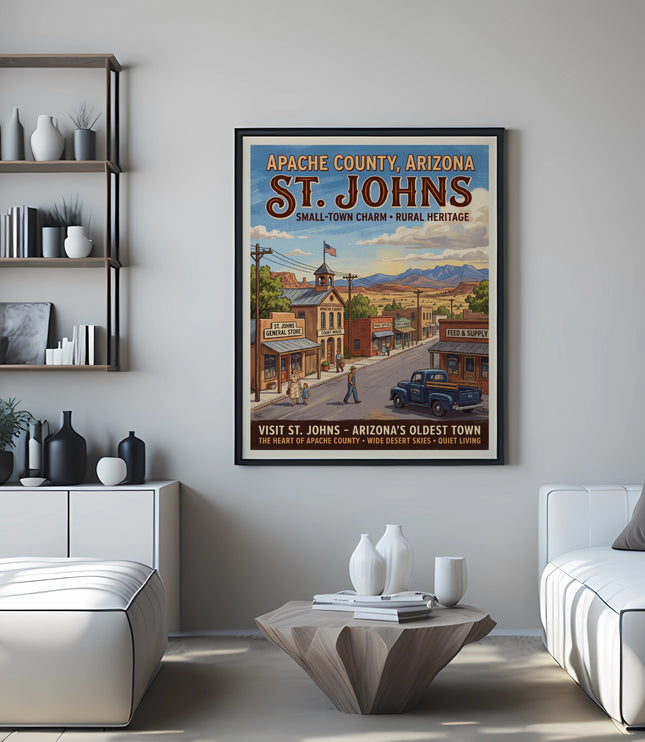 An "Apache County, Arizona St. Johns" poster hangs on a wall above a sofa.