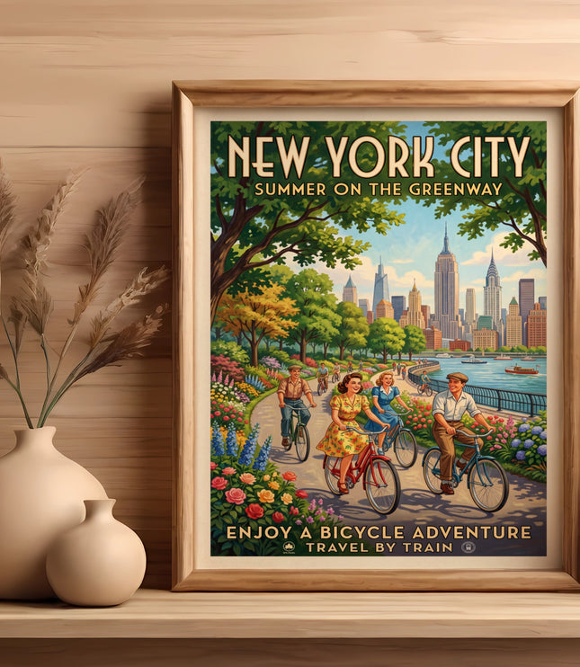 New York City Summer on the Greenway poster showing people cycling past skyline.