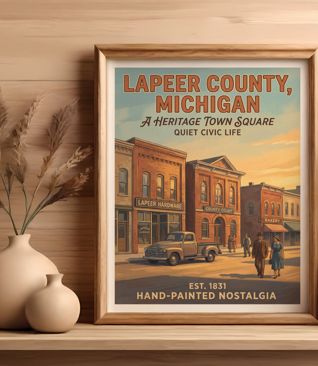 Lapeer County, Michigan heritage town square vintage poster.