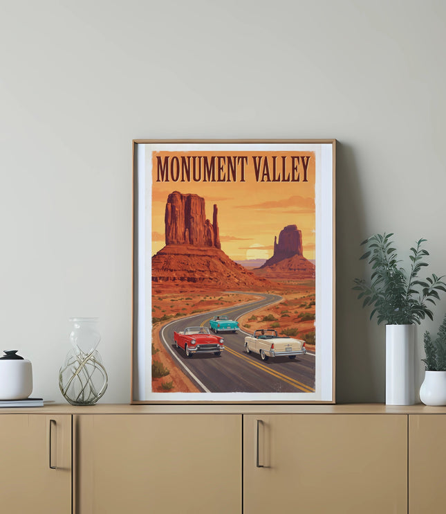 Poster of Monument Valley with vintage cars on a desert road at sunset.