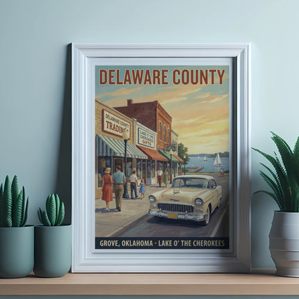 Delaware County poster with vintage car, shops, and lake scene, Grove, Oklahoma.