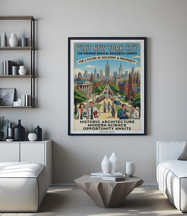 New York City 1940s travel poster showcasing buildings, people, and text.