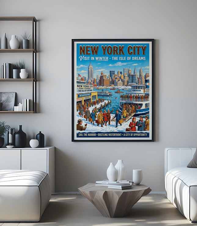 New York City winter travel poster depicting ferry boarding with text.