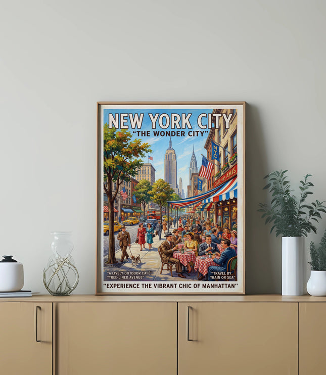New York City poster with Empire State Building and cafes, text "The Wonder City".