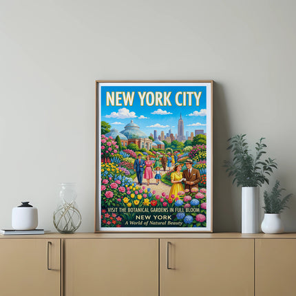 New York City botanical garden poster with people and colorful flowers.