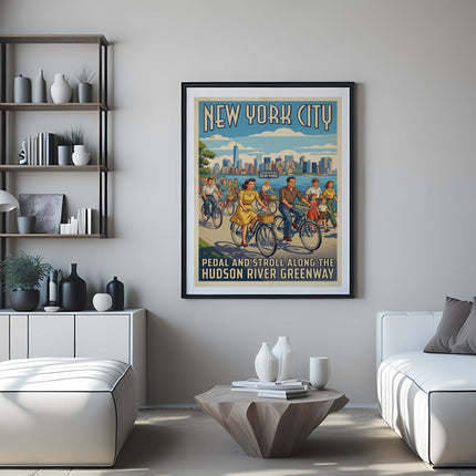 New York City vintage poster on wall showing people biking on a greenway.