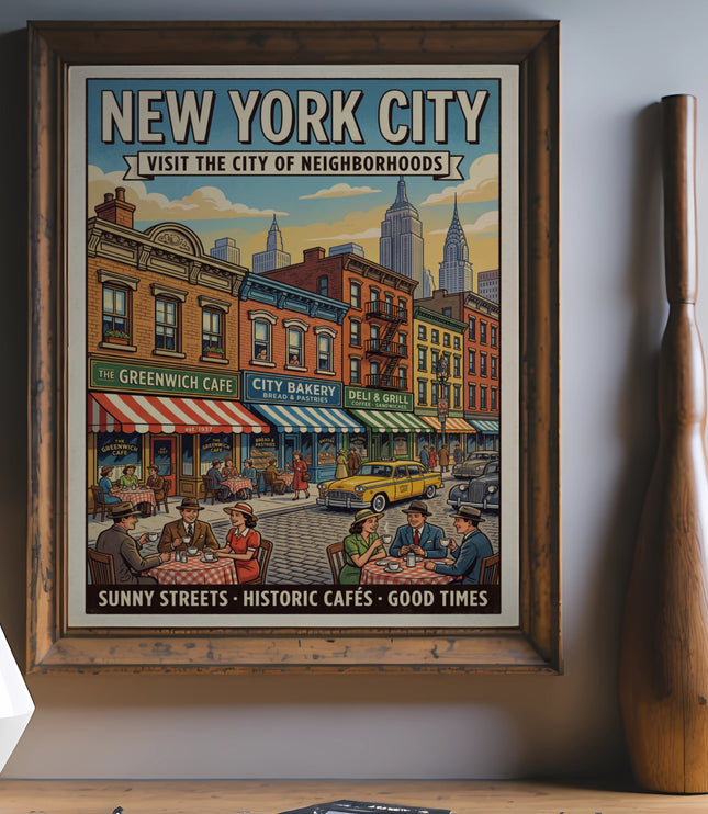 New York City vintage poster of sunny streets, historic cafes, and good times.