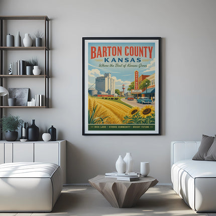 Poster with "Barton County Kansas" and sunflowers, depicting a rural scene.