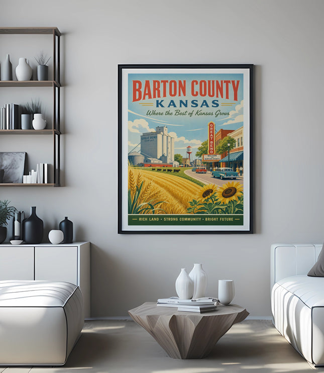 Poster with "Barton County Kansas" and sunflowers, depicting a rural scene.