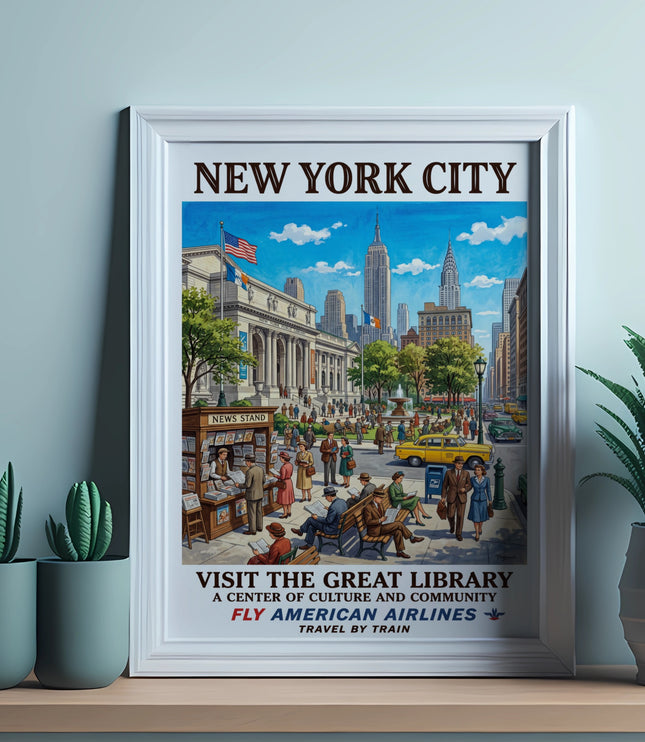 New York City poster featuring the Great Library, skyline, and people.