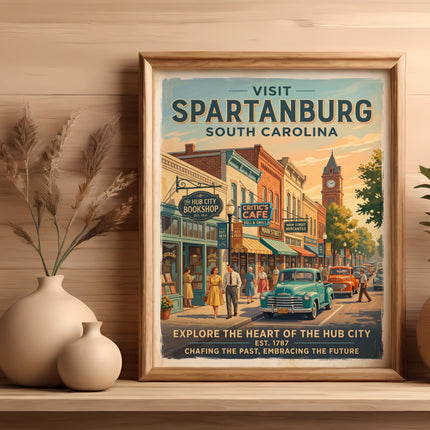 Spartanburg South Carolina vintage travel poster with retro cars and shops.