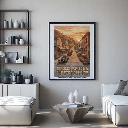 Poster of Jerome, Arizona, The Vertical City, featuring vintage cars and buildings.