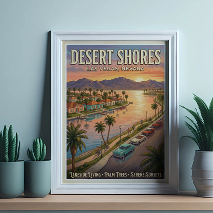 Desert Shores Las Vegas Nevada vintage travel poster with lake and palm trees.