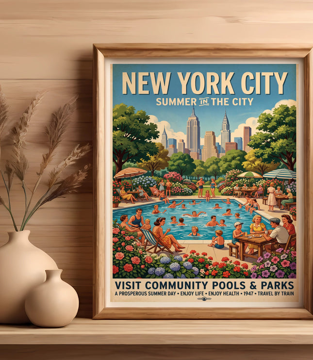 New York City Summer in the City poster with pool scene and text overview.
