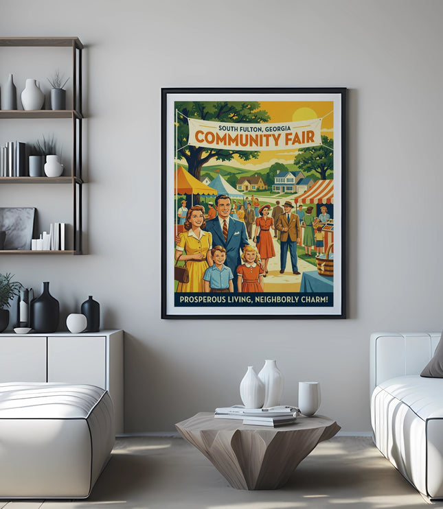 Vintage poster for South Fulton, Georgia Community Fair, featuring a family and fair scenes.