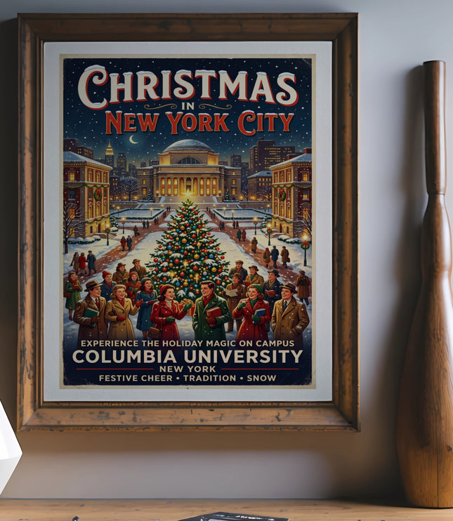 Christmas in New York City poster featuring Columbia University campus in snow.