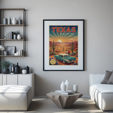 Retro Texas travel poster with turquoise car and desert landscape.
