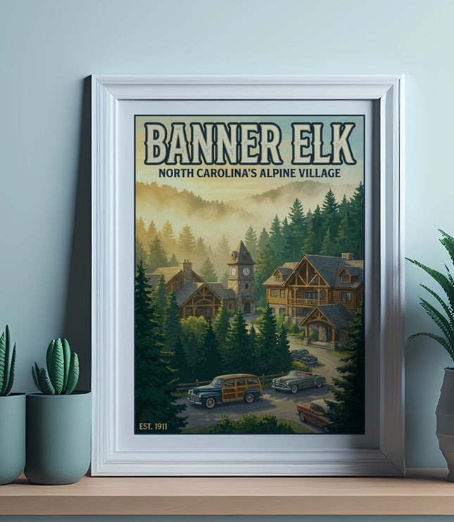 Framed vintage poster of Banner Elk, North Carolina's Alpine Village.
