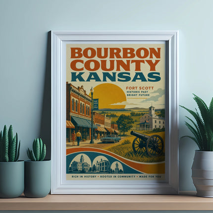 Bourbon County Kansas vintage travel poster with Fort Scott landmarks.