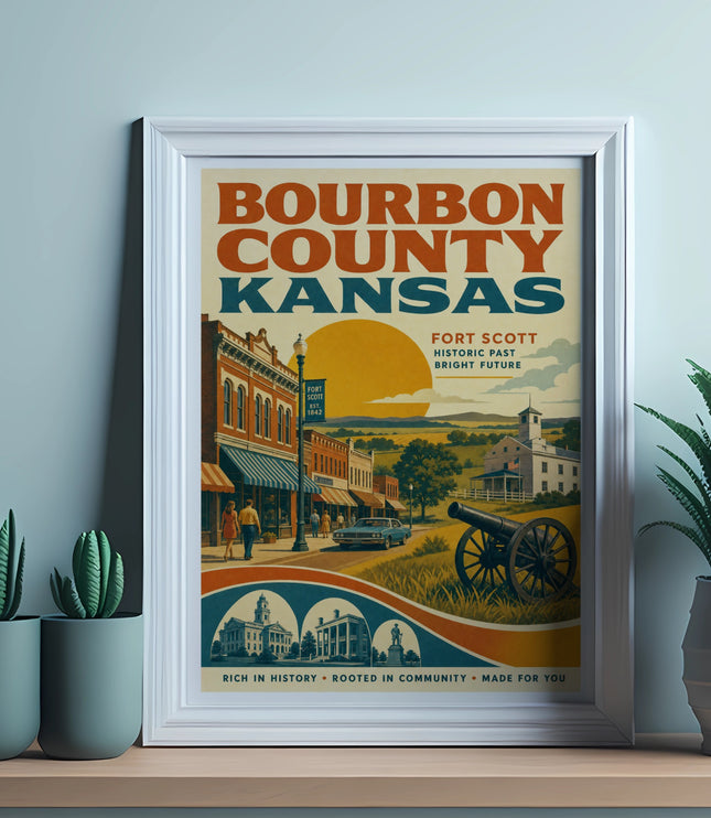 Bourbon County Kansas vintage travel poster with Fort Scott landmarks.