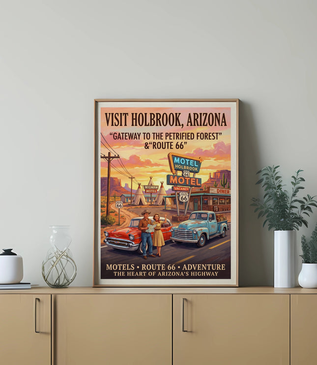Vintage poster shows Holbrook, Arizona, with a couple by cars and motels along Route 66.
