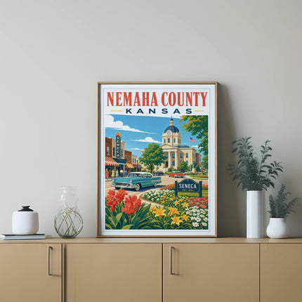 Nemaha County Kansas Seneca vintage poster with courthouse and classic car.