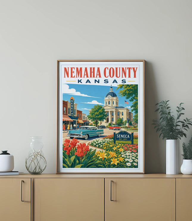 Nemaha County Kansas Seneca vintage poster with courthouse and classic car.