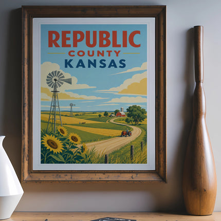 Republic County Kansas vintage travel poster featuring windmill, sunflowers, and a red tractor.