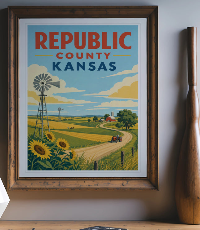 Republic County Kansas vintage travel poster featuring windmill, sunflowers, and a red tractor.