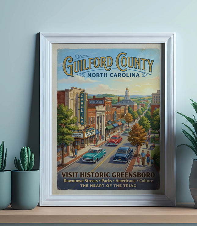 Vintage poster of Guilford County, North Carolina, featuring downtown streets and cars.