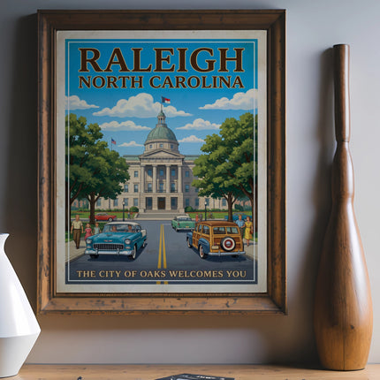 Raleigh North Carolina poster featuring state capitol building, vintage cars, and text.