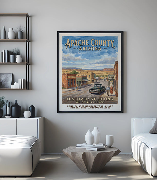 Apache County Arizona tourism art with text "Discover St. Johns Quiet Rural Life".