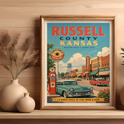 Vintage Russell County Kansas travel poster featuring a classic car and town street scene.