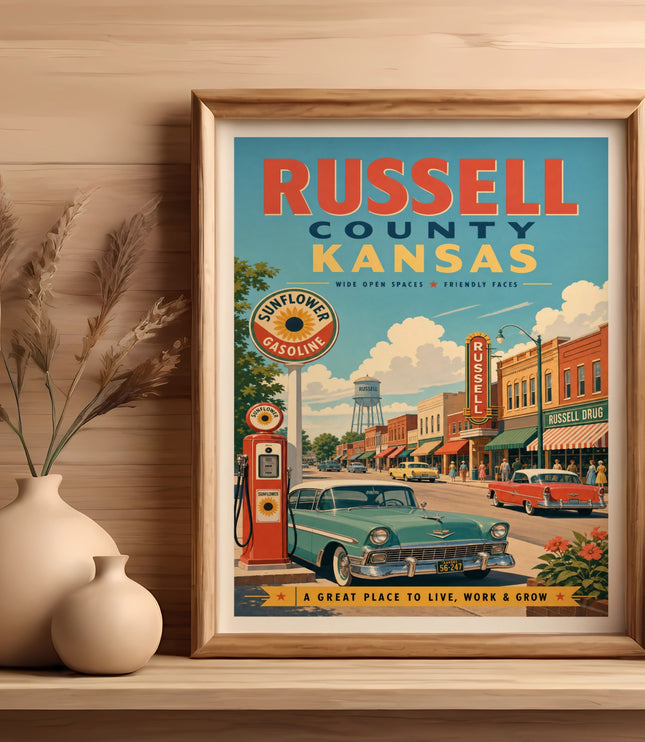 Vintage Russell County Kansas travel poster featuring a classic car and town street scene.