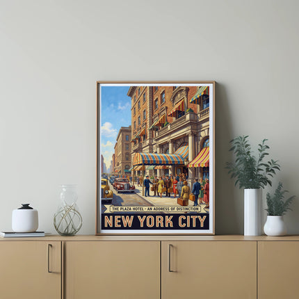 Poster for The Plaza Hotel, New York City, showing a vintage street scene.