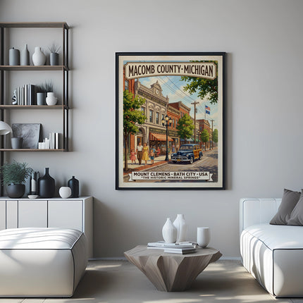 Vintage poster: Macomb County-Michigan, Mount Clemens & Bath City historic mineral springs scene.