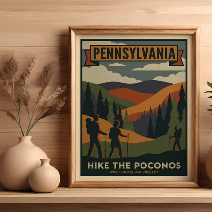 Vintage Pennsylvania Poconos hiking poster with people and mountains.