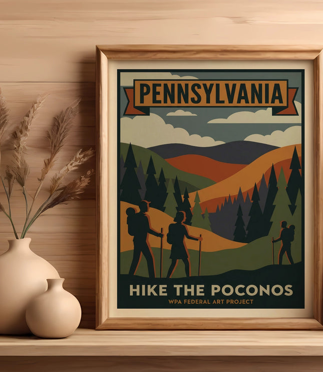 Vintage Pennsylvania Poconos hiking poster with people and mountains.