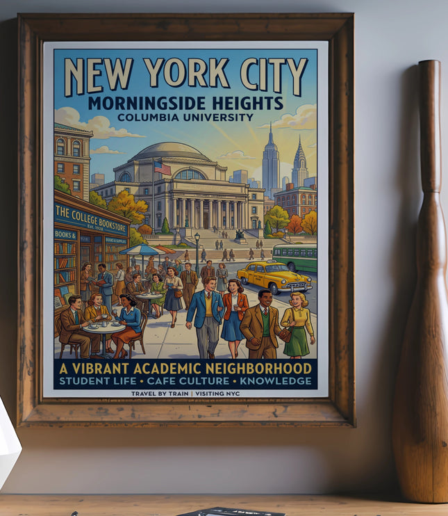 New York City Morningside Heights Columbia University illustration with vintage vibe.